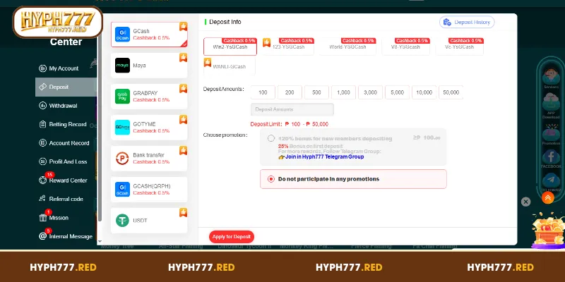 Available Payment Channels for HYPH777 Deposit Transactions